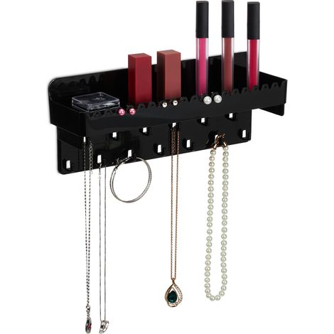 Relaxdays Expositor de Joyas Pared para Collares, Pendientes y Pulseras, Colgador con Balda, 12 x 30 x 8 cm, Negro