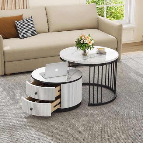 Elegantes 2-teiliges, weißes Couchtisch-Set in Nestform, 606045.5cm & 505032cm, runde Tische mit hochglänzender Marmoroptik, 2 Schubladen, bis 30kg belastbar,Nesting-Kombination Couchtisch (1/5)