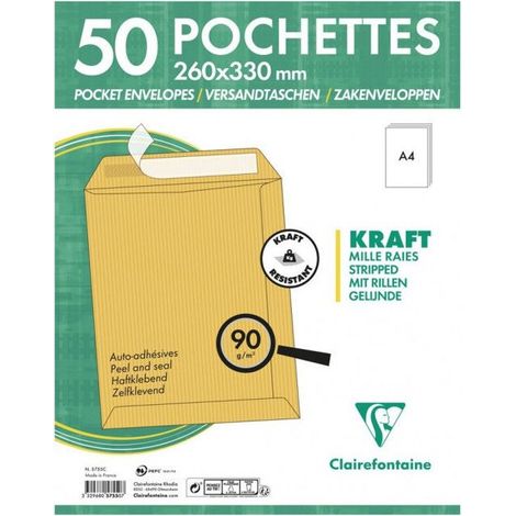 50 enveloppes - Kraft brun - 260x330mm - Auto-adhésive - Clairefontaine