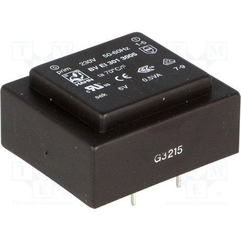 Transformador Encapsulado Salida 6Vac 0,5VA E230Vac