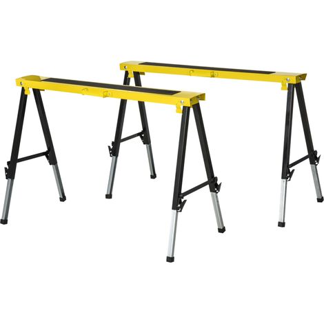 Set de 2 tréteaux pliables antidérapants en acier jaune et noir, hauteur réglable 62-90 cm, capacité 100 kg (1/5)