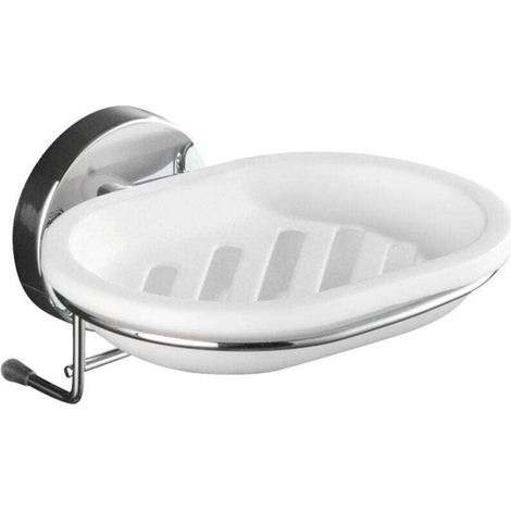 Porte savon mural sans percer Milazzo, Porte savon mural Vacuum-Loc® fixation sans perçage, repositionnable sans laisser de trace, Acier - plastique, 13x6x12 cm, Brillant - blanc (1/4)