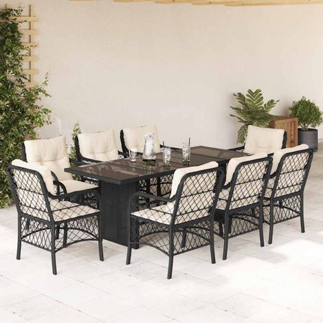 9-tlg. Garten-Essgruppe mit Kissen Schwarz Poly Rattan vidaXL