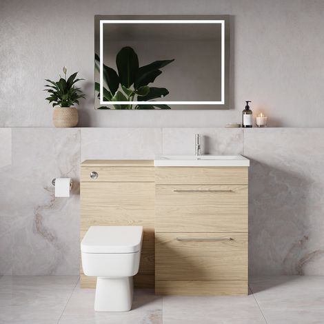 Napoli 390 Light Oak 1100mm 2 Drawer Vanity Unit Toilet Suite with Glide Basin - 1100mm - Chrome 320mm HandleWith Kingston Toilet Pan and Seat