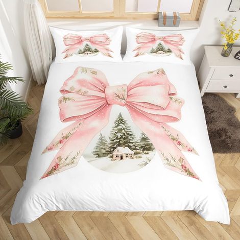 Housse de Couette Enfant Noël Preppy, Parure de Lit 140x200 Adulte Sapin de Noël Nœud Rose, Sets de Housses de Couettes Fille Noeud de Papillon Rose, Couvre Lit Thème de l'hiver Noël - 140x200cm + 1 T (1/5)