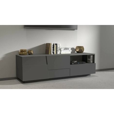 Dmora - Mueble TV Velio, Aparador bajo de salón con 2 puertas y 1 cajón, base para mueble TV, 150x44h46 cm, Antracita (1/5)