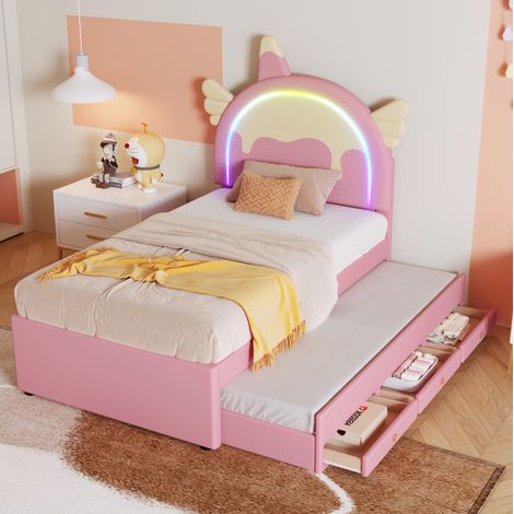 Bett Kinderbett Stauraum 90x200 PU Rosa OKMYHOME (1/5)
