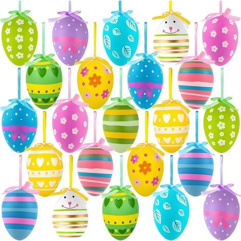 24 huevos de Pascua de plástico colgantes de 6 cm para decoraciones de Pascua en interiores y exteriores, en jardines, balcones y árboles. (1/5)