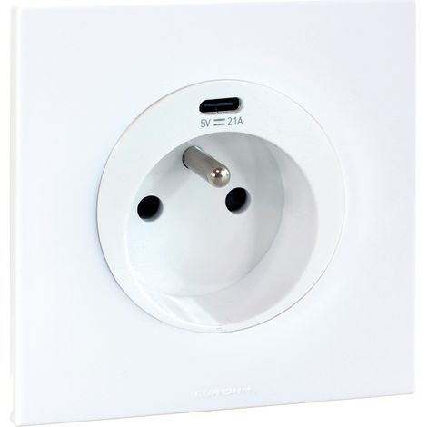 Prise 2P+T 16A + USB 2,1A type C complet avec griffes et plaque - SQUARE EASY blanc - Eur'Ohm