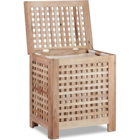Coffre à linge en forme de grillage 55,5 x 52,5 x 39,5 cm avec sac amovible et motif décoratif en noyer brun clair (1/5)