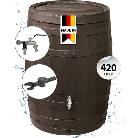 GARANTIA BARRICA Regentonne Komplett-Set 420 Liter braun inkl. Chrom-Doppelauslaufhahn und Fallrohranschluss (1/5)