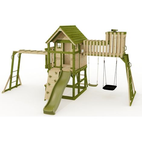 Rebo Wildwood Haven Tower Playhouse with Double Swing, Monkey Bars, Climbing Wall and Wave Slide (1/5)