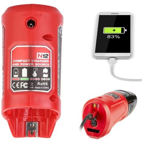 Tragbares USB-Akkuladegerät, Stromquelle für Milwaukee M12 – Schnelles Laden, leicht zu tragen, Batteriestandsanzeige – 2,1-A-Ladeadapter für Mobilgeräte