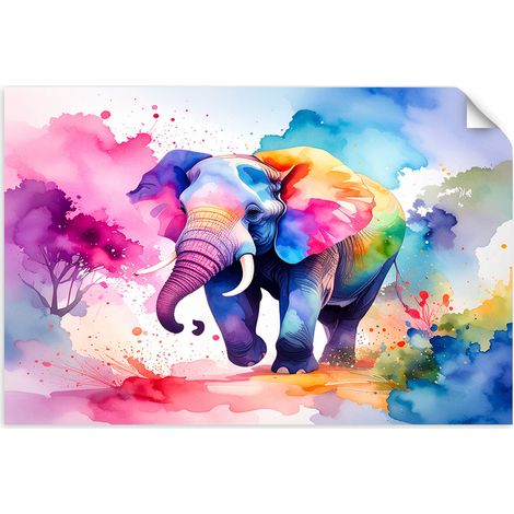 Selbstklebendes Poster – Wandsticker Bunter Elefant Safari Aquarell 60x40 cm