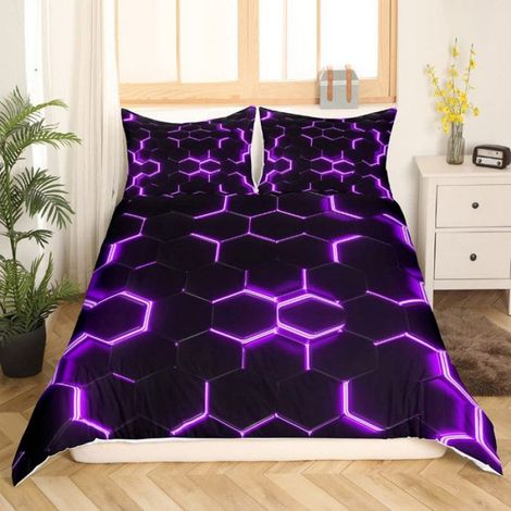Housse De Couette - 200x200 cm - Motif Hexagonal Nid Dabeille - Violet Neon Et Noir - 1 Piece (1/5)