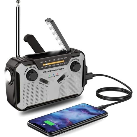 Ra portable, ra de survie, chargeur solaire, générateur et manivelle, prévisionniste météo d'urgence FM/AM, gris
