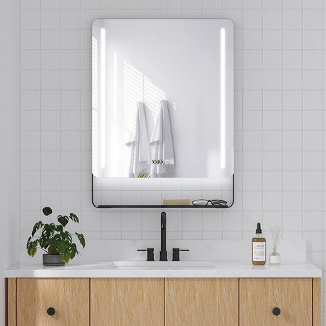 Badspiegel Wandspiegel Bad Spiegel mit Ablage 60x80cm LED Uhr Lightspiegel IP44 (1/5)