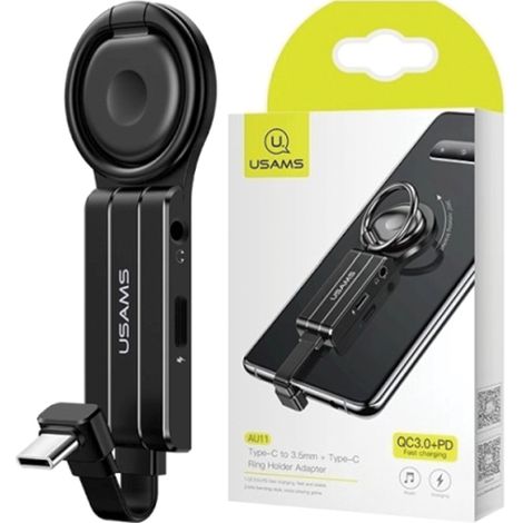 Usams Adapter AU11 2in1 USB-C - 3,5mm+USB-C + Ringhalter schwarz/schwarz SJ359TC01 (US-SJ359) (1/2)