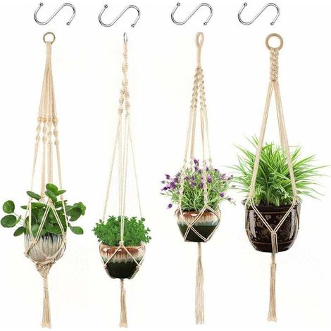 Macramé Suspension Plante Corde 4 Pcs Pot Suspendu Plante Porte Décoration du Jardin Intérieur Extérieur avec 4 Crochets Suspendus-Crezuo