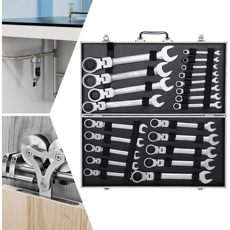 Lot de 22 clés à cliquet articulées, avec clés polygonales et plates de 6 à 32 mm, en acier au chrome vanadium de qualité supérieure, avec mallette de rangement pour l'organisation des outils (1/5)