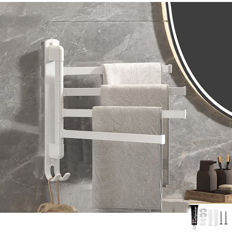 Porte-serviettes mural, support de rangement multifonctionnel, porte-serviettes rotatif sans poinçon, 4 poteaux, blanc (1/5)
