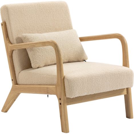 Fauteuil lounge velours beige 3 coussins assise profonde accoudoirs structure bois hévéa 80x70x70 cm