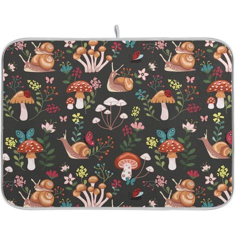 Tapis de séchage absorbant en forme de champignon avec escargots pour comptoir de cuisine 40,6 x 45,7 cm sous égouttoir