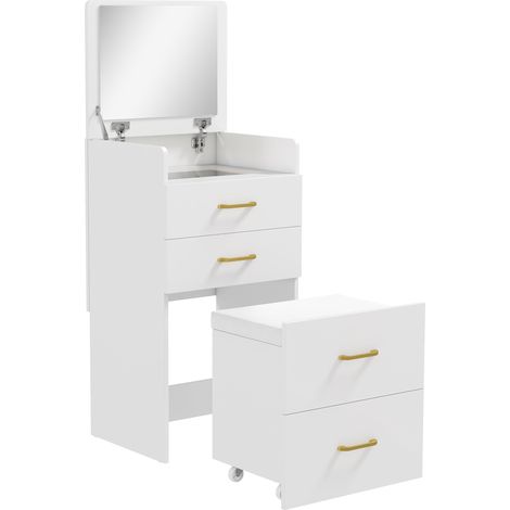 Toeletta 3 in 1 comodino e sgabello 48 x 40 x 90 cm portaoggetti ottimizzato specchio pieghevole essenziale in MDF bianco 210003729