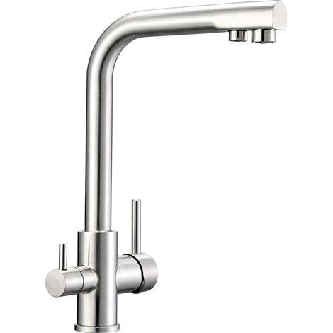 Robinet de cuisine 3 voies pivotant à 360° 3 en 1 - Mitigeur de cuisine pour filtre à eau - Robinet d'eau potable avec 2 leviers - Robinet à trois voies - Robinet d'évier en acier inoxydable brossé (1/5)