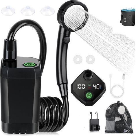 6000mA Portable Shower for Camping, Rechargeable Outdoor Electric Shower with Smart Digital Display, Black
