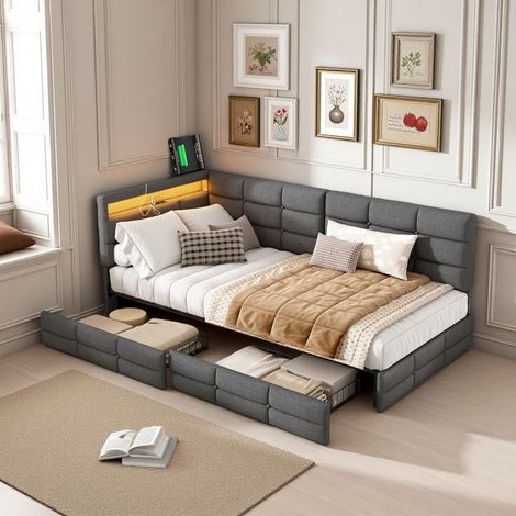 Cama lit simple capitonné - 90x200 L-cabeza LED USB-C - Lino gris - 2 cajones y almacenamientos - LED 16 colores