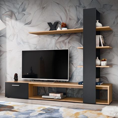 Paris Prix – Ensemble meuble TV 190cm – MDF finition mate – 3 étagères – Couleur naturel et noir – Fabrication européenne (1/5)