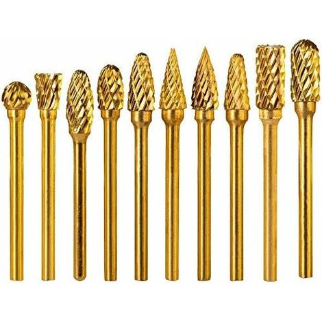 Lot de 10 fraises rotatives en carbure de titane à double coupe - Tige de 3 mm - Tête de 6 mm - En carbure de tungstène massif - Pour meuleuse à matrice, sculpture sur métal, polissage (1/5)