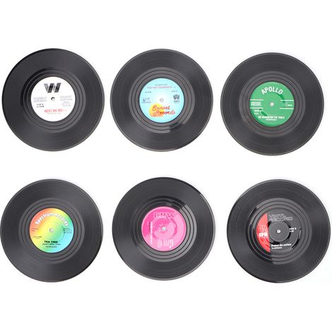 Set de 6 Sous-verres ronds, forme disque vinyle, plastique écologique, antidérapant, décoration maison (1/5)
