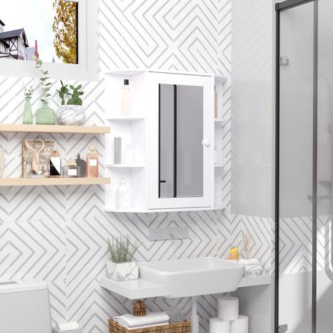 Armoire Salle Bain Miroir Mobilier Toilette Suspendu Porte Étagères Intérieures Latérales Salon Cuisine Chambre Intérieur Blanc 66x17x63cm (1/4)