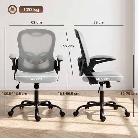 Fauteuil de Bureau Ergonomique à Dossier en Maille, Accoudoirs Rabattables, Siège à Hauteur Ajustable, Mécanisme Bascule, Gris (1/5)