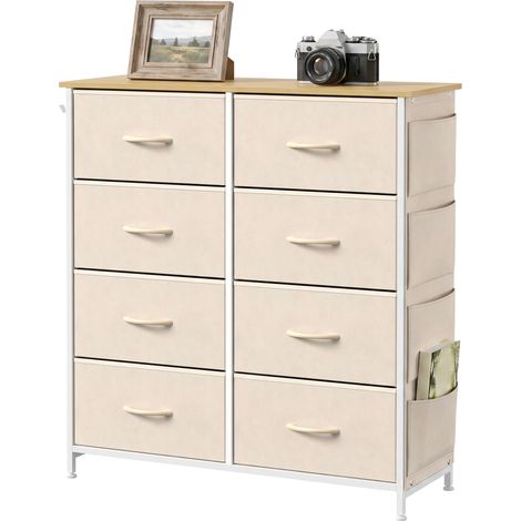 Commode en tissu beige avec 8 tiroirs, 4 poches latérales, 2 crochets et structure en acier (1/5)