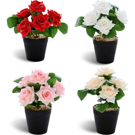 Lot de 4 roses artificielles en pot - Fleurs artificielles pour table, bureau, maison, mariage, fête, salle de bain, balcon, décoration de jardin (1/5)