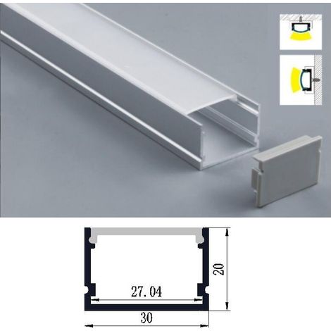 Profilo Alluminio largo 30 mm 2mt Strisce Strip LED Barra Rigida Copertura Opaco