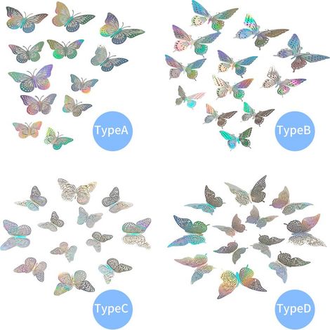 [Décor mural] Papillon en papier laser 3D découpé 12PCS sticker double face design miroir pour DIY décoration d'ambiance de maison, fête, noël, mariage, anniversaire, cadeau (1/4)