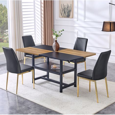 Tavolo + 4 sedie da pranzo 160x90x76 cm MDF metallo nero oro, con ripiano FloraGrace (1/5)