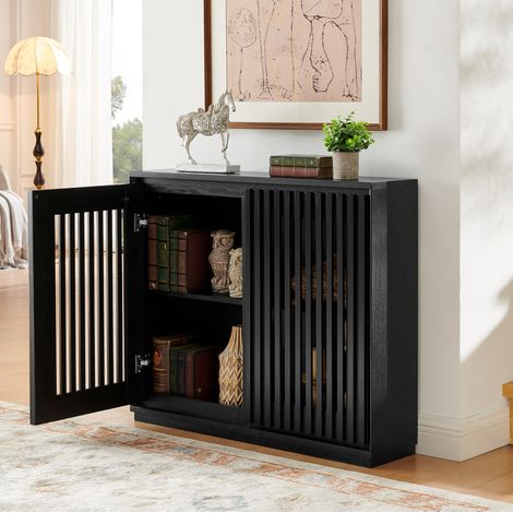 Buffet de salon vintage rainuré avec passages de câbles, 99x23,5x82,6 cm, MDF noir (1/5)