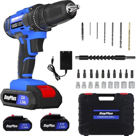 Perceuse électrique sans fil, perceuse/visseuse électrique sans fil 21V, équipée de 2 batteries lithium-ion, dont 26 jeux de forets, 25 + 1 réglage de couple, 2 vitesses à vitesse variable, avec verro