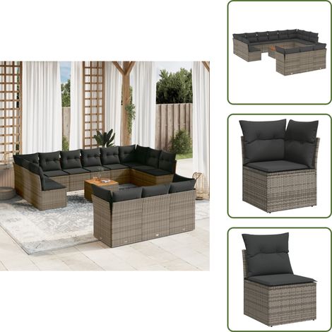 The Living Store 14-tlg. Garten-Sofagarnitur mit Kissen Grau Poly Rattan - Gartenmöbel Set - PE-Rattan Möbel - Outdoor Sofa - Lounge Set - Esstisch