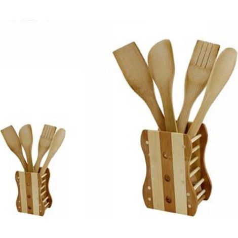 Trade Shop - KIT 5 PZ CUCINA MESTOLO MESTOLI IN LEGNO BAMBIEN MIT 4 MESTOLI POSATE 67375 - (1/2)