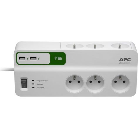 Schneider Electric – Bloc parafoudre 6 prises 2P+T avec 2 ports USB – Protection contre surtensions – Longueur câble 1,83m – Certification CE et NF