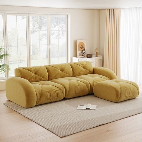 Canapé d’angle modulable 3 places en chenille jaune, avec repose-pieds, sans montage (1/5)