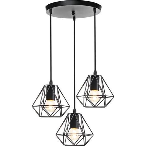 U-DO Lustre Diamant Mini 3 Lampes Suspension Cage en Fer Noir design Moderne pour Cuisine Salon (1/4)