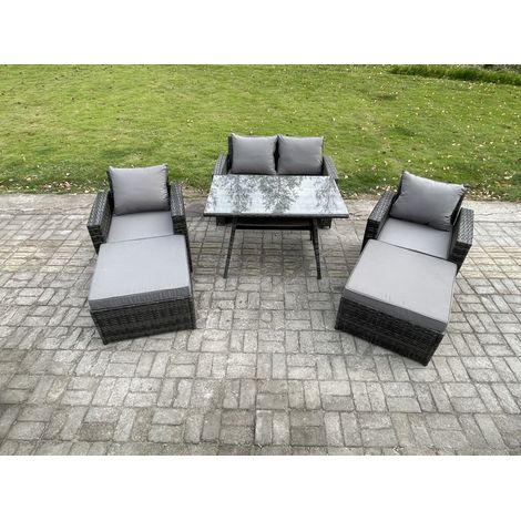 Fimous Garden Dining Set Wicker PE Rattan Outdoor Furniture Sofa with Rectangular Dining Table Double Seat Sofa 2 Big Footstool 2 Armchairs Dark Grey Mixed (1/5)