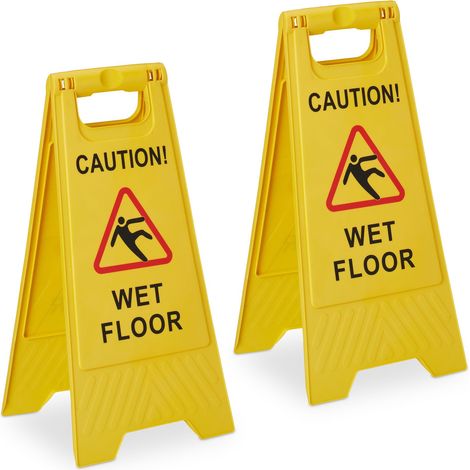 Relaxdays Warning Sign, 2x Set, Wet Floor, Caution, Foldable, Restaurants, Offices, Double Sided, Practical, Yellow